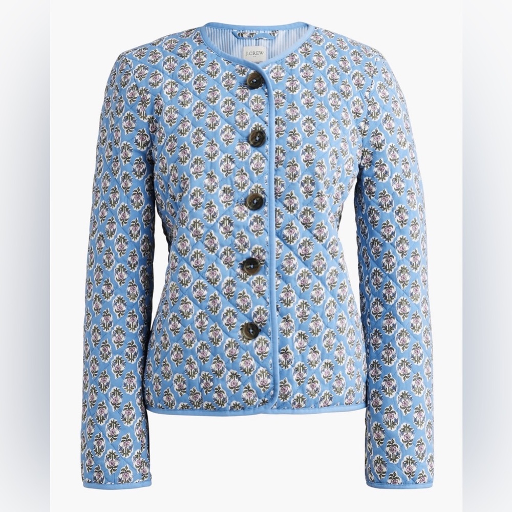 J.Crew Quilted Floral Jacket Blue Block Print Button Front Size 6 - Picture 2 of 12
